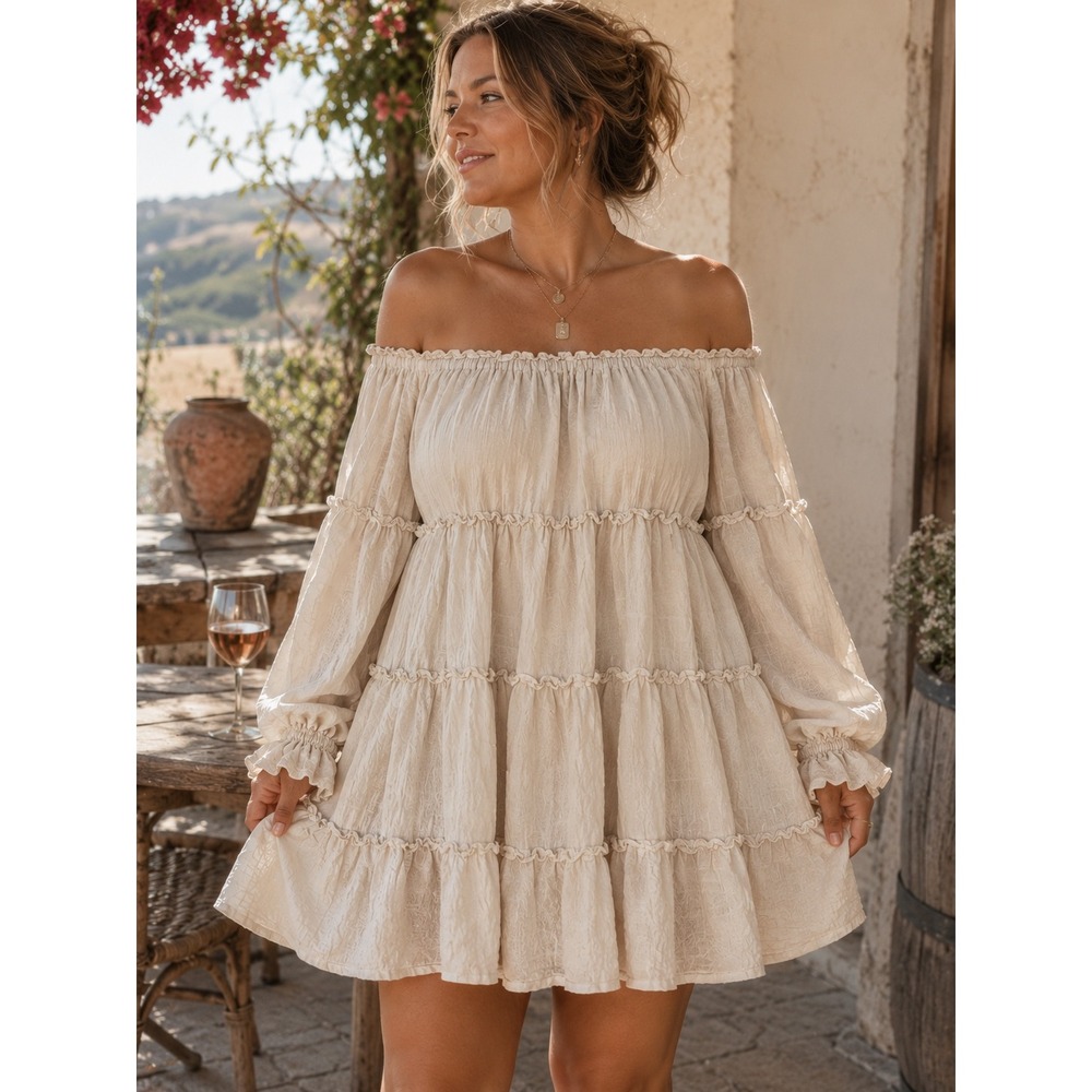 A.CALIN by Flying Tomato Boho Festival Mini Dress Small Cream  Tiered Crinkle